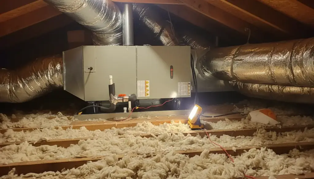 Gas furnace on an attic platform, flue rising through the roof deck