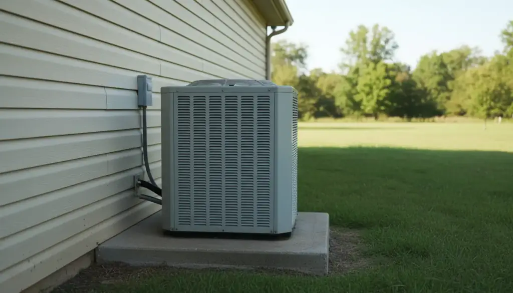 Outdoor unit on a level concrete pad beside the house