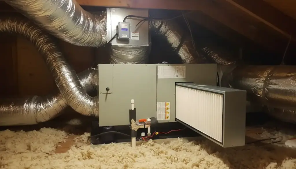 Attic air handler with a media air cleaner, filter drawn half out