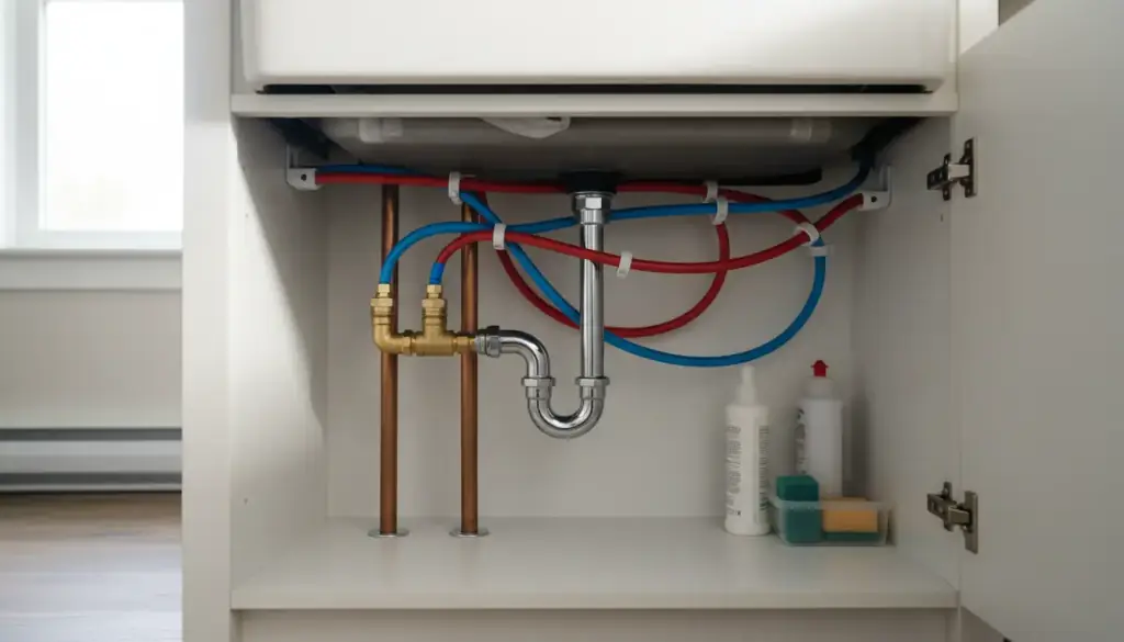 Finished supply lines and shutoff valves under a sink